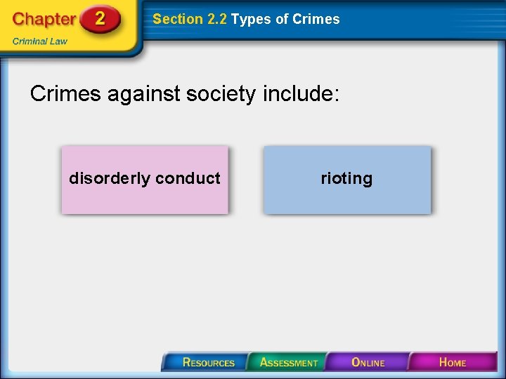 Section 2. 2 Types of Crimes against society include: disorderly conduct rioting 