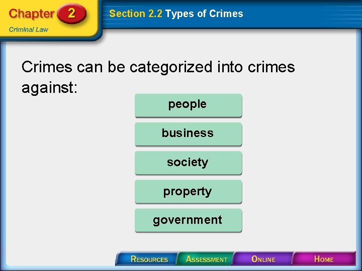 Section 2. 2 Types of Crimes can be categorized into crimes against: people business