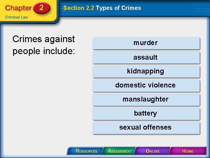 Section 2. 2 Types of Crimes against people include: murder assault kidnapping domestic violence