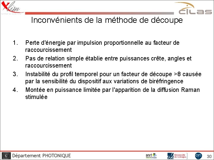 Inconvénients de la méthode de découpe 1. 2. 3. 4. Perte d'énergie par impulsion