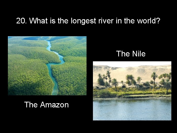 20. What is the longest river in the world? The Nile The Amazon 