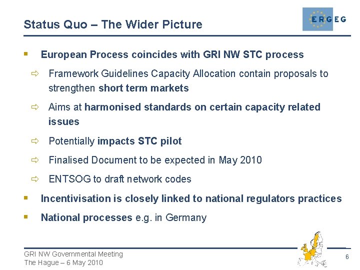 Status Quo – The Wider Picture § European Process coincides with GRI NW STC