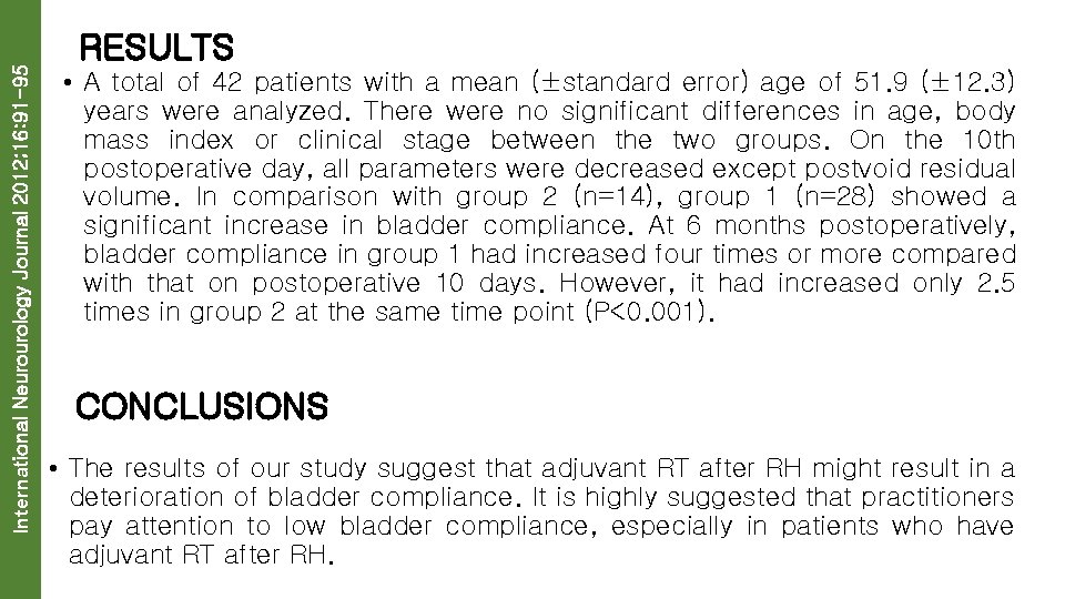 International Neurourology Journal 2012; 16: 91 -95 RESULTS • A total of 42 patients