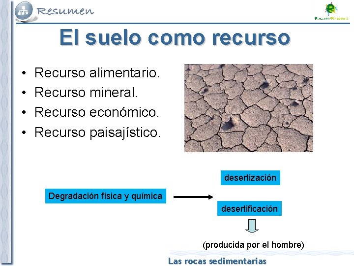 El suelo como recurso • • Recurso alimentario. Recurso mineral. Recurso económico. Recurso paisajístico.