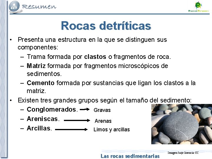 Rocas detríticas • Presenta una estructura en la que se distinguen sus componentes: –