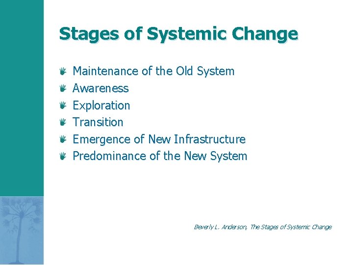 Stages of Systemic Change Maintenance of the Old System Awareness Exploration Transition Emergence of