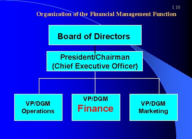 1. 10 Organization of the Financial Management Function Board of Directors President/Chairman (Chief Executive