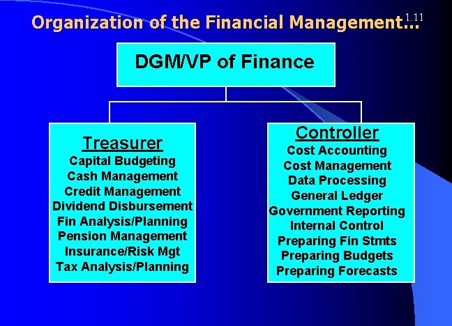 1. 11 Organization of the Financial Management… DGM/VP of Finance Treasurer Capital Budgeting Cash