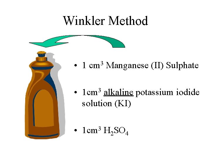 Winkler Method • 1 cm 3 Manganese (II) Sulphate • 1 cm 3 alkaline