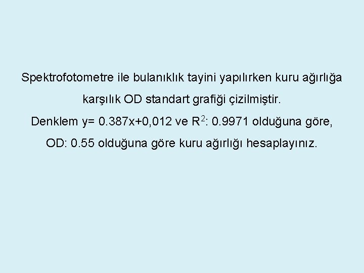 Spektrofotometre ile bulanıklık tayini yapılırken kuru ağırlığa karşılık OD standart grafiği çizilmiştir. Denklem y= Spektrofotometre ile bulanıklık tayini yapılırken kuru ağırlığa karşılık OD standart grafiği çizilmiştir. Denklem y=