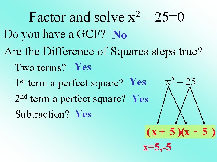 Factor and solve x 2 – 25=0 Do you have a GCF? No Are