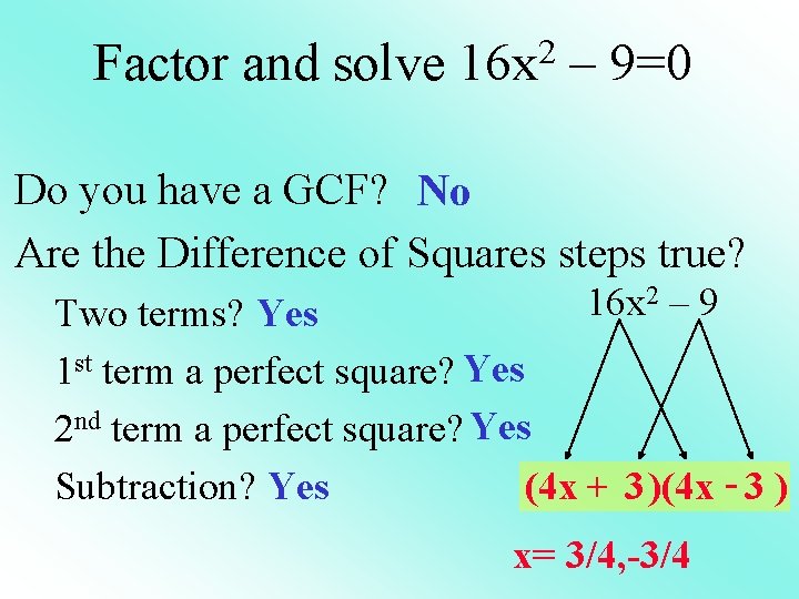 Factor and solve 16 x 2 – 9=0 Do you have a GCF? No