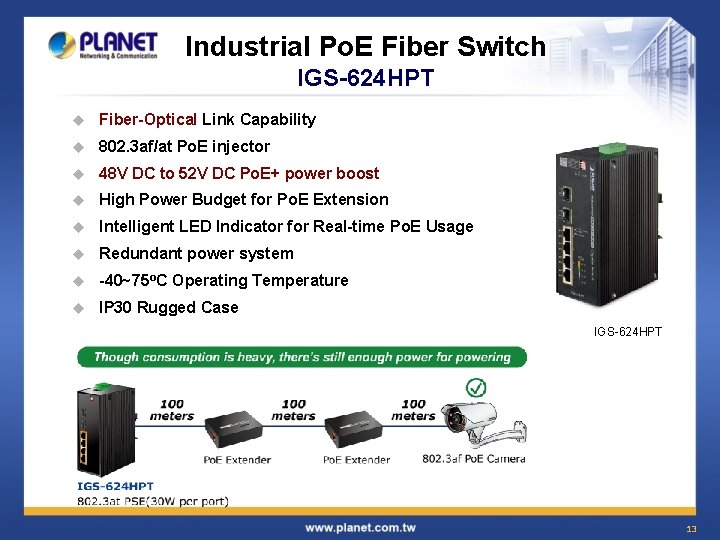 Industrial Po. E Fiber Switch IGS-624 HPT u Fiber-Optical Link Capability u 802. 3