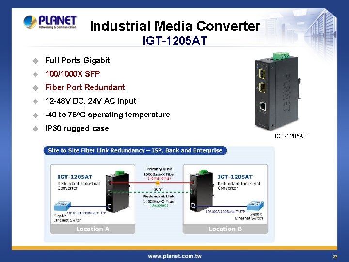Industrial Media Converter IGT-1205 AT u Full Ports Gigabit u 100/1000 X SFP u