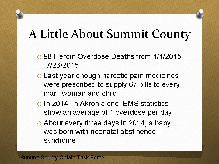 A Little About Summit County O 98 Heroin Overdose Deaths from 1/1/2015 -7/26/2015 O