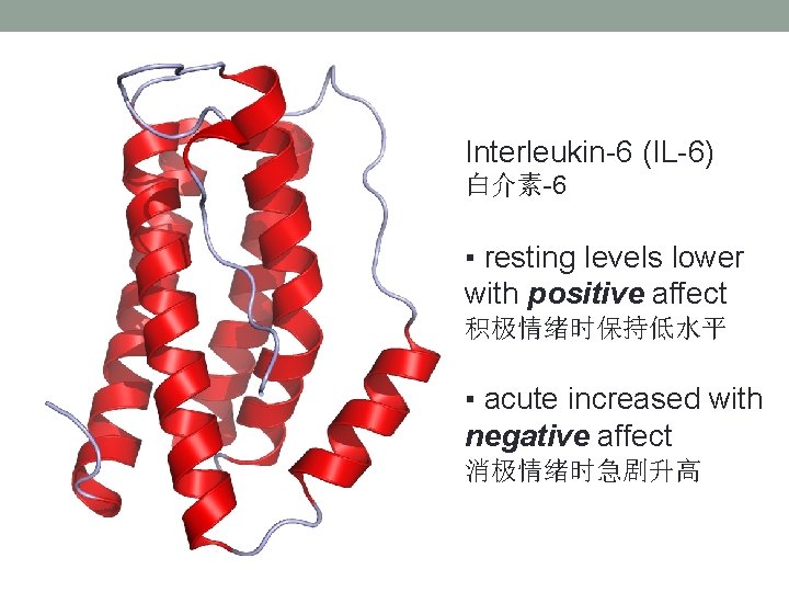Interleukin-6 (IL-6) 白介素-6 ▪ resting levels lower with positive affect 积极情绪时保持低水平 ▪ acute increased