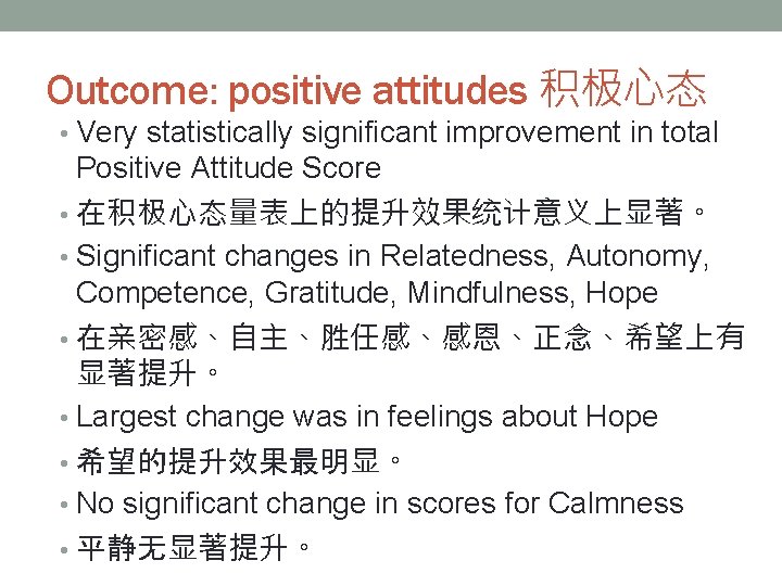 Outcome: positive attitudes 积极心态 • Very statistically significant improvement in total Positive Attitude Score