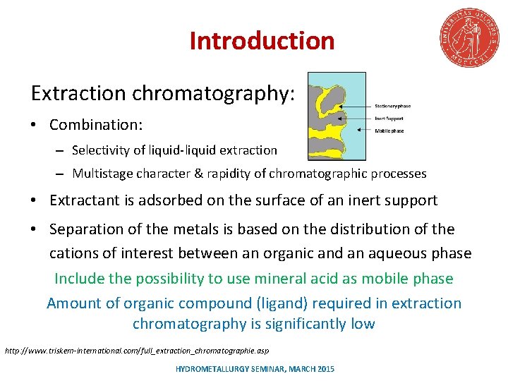 Introduction Extraction chromatography: • Combination: – Selectivity of liquid-liquid extraction – Multistage character &