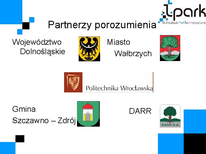 Partnerzy porozumienia Województwo Dolnośląskie Gmina Szczawno – Zdrój Miasto Wałbrzych DARR 