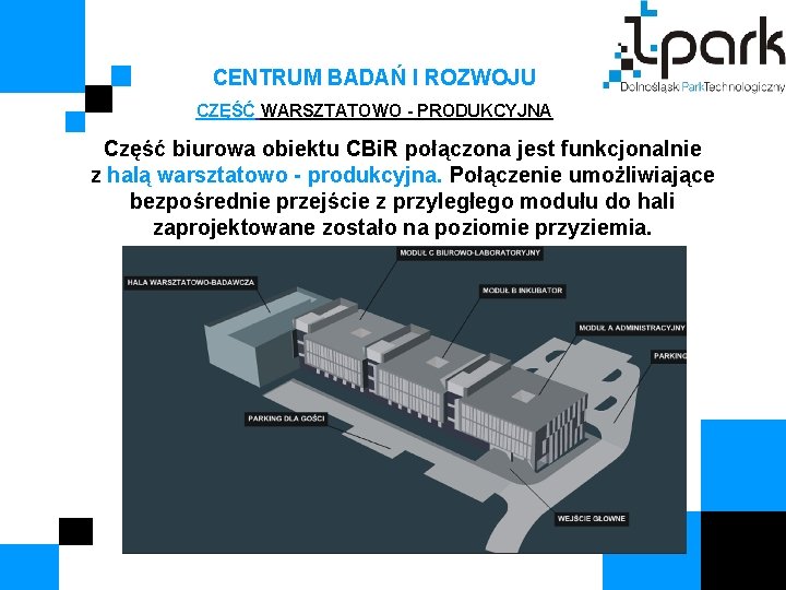 CENTRUM BADAŃ I ROZWOJU CZĘŚĆ WARSZTATOWO - PRODUKCYJNA Część biurowa obiektu CBi. R połączona