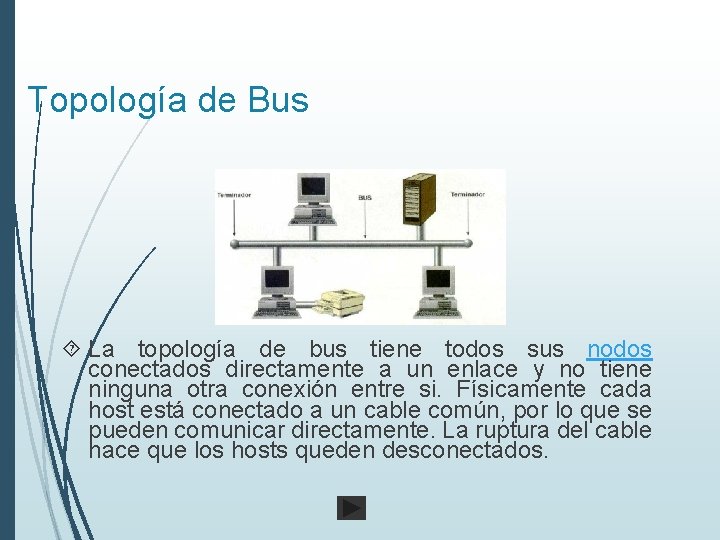 Topología de Bus La topología de bus tiene todos sus nodos conectados directamente a