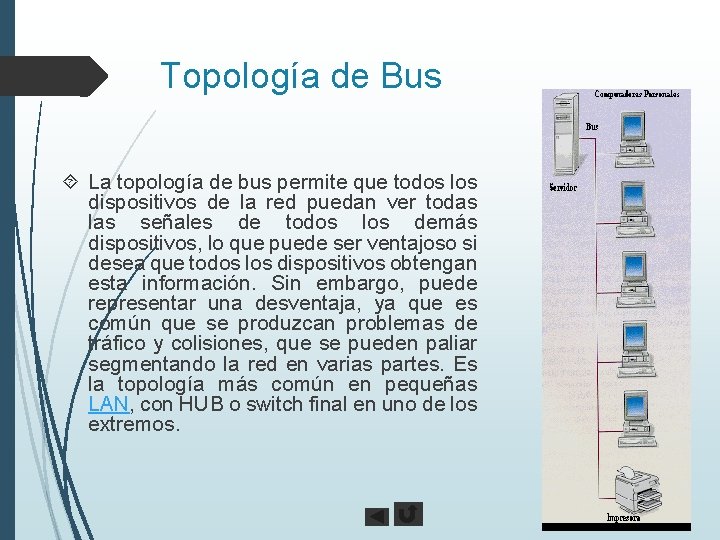 Topología de Bus La topología de bus permite que todos los dispositivos de la