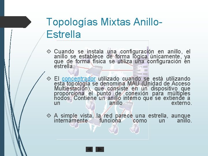 Topologías Mixtas Anillo. Estrella Cuando se instala una configuración en anillo, el anillo se