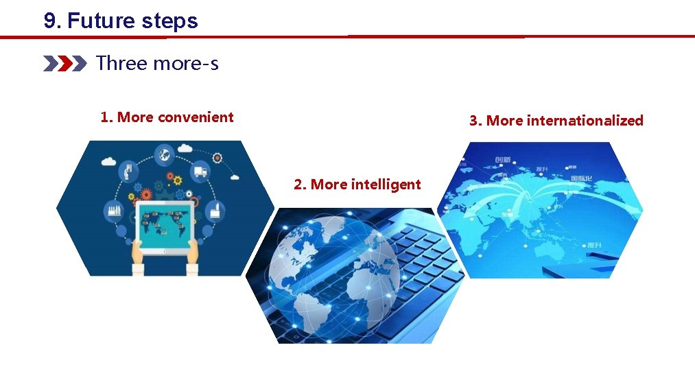 9. Future steps Three more-s 1. More convenient 3. More internationalized 2. More intelligent