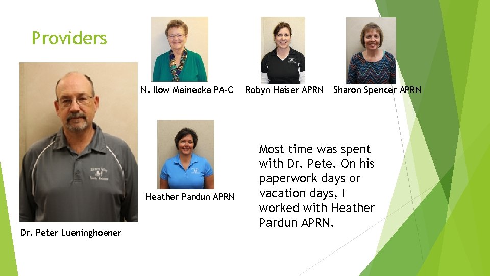 Providers N. Ilow Meinecke PA-C Heather Pardun APRN Dr. Peter Lueninghoener Robyn Heiser APRN