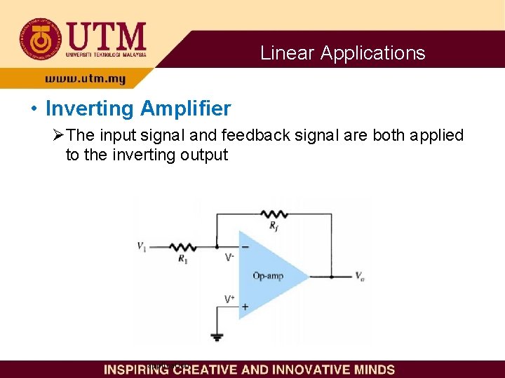 Linear Applications • Inverting Amplifier ØThe input signal and feedback signal are both applied