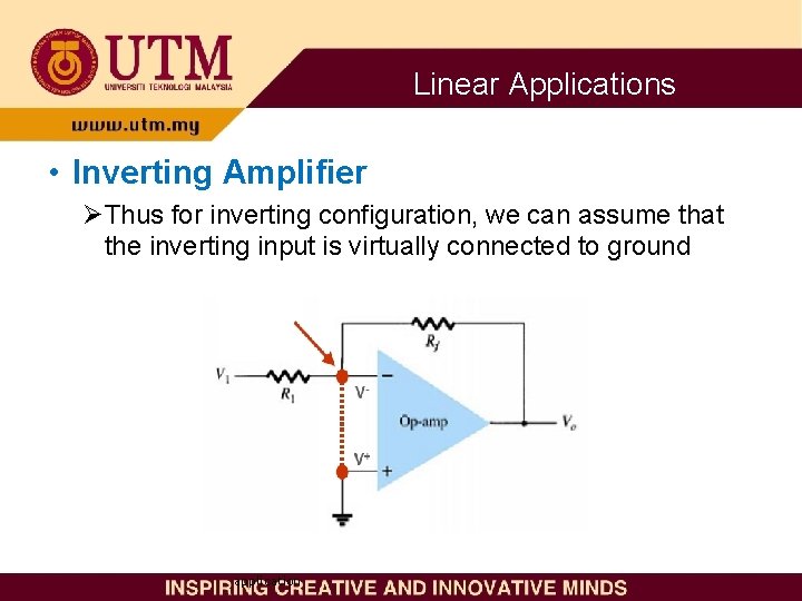 Linear Applications • Inverting Amplifier ØThus for inverting configuration, we can assume that the