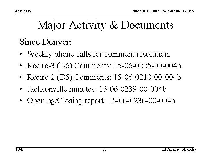 May 2006 doc. : IEEE 802. 15 -06 -0236 -01 -004 b Major Activity