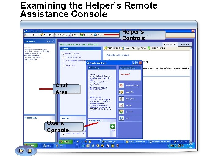 Examining the Helper’s Remote Assistance Console Helper’s Controls Chat Area User’s Console User’s screen