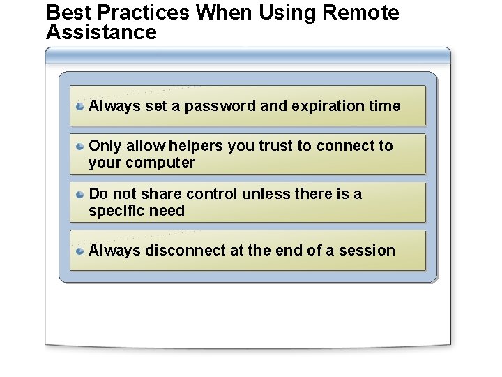 Best Practices When Using Remote Assistance Always set a password and expiration time Only