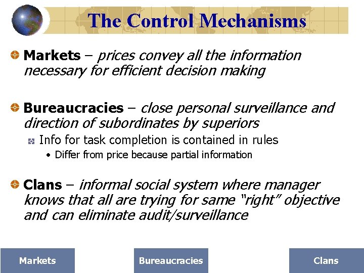 The Control Mechanisms Markets – prices convey all the information necessary for efficient decision