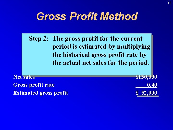 13 Gross Profit Method Step 2: The gross profit for the current period is