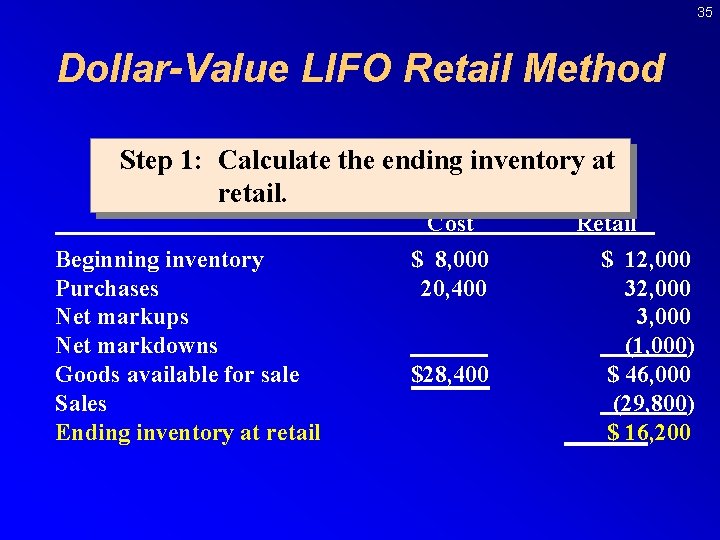 35 Dollar-Value LIFO Retail Method Step 1: Calculate the ending inventory at retail. Beginning