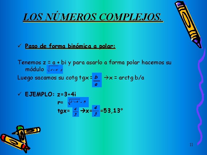 LOS NÚMEROS COMPLEJOS. ü Paso de forma binómica a polar: Tenemos z = a