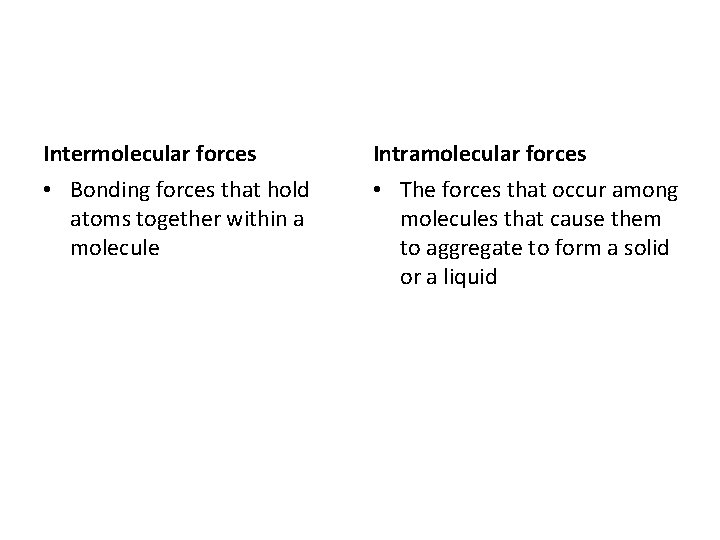 Intermolecular forces Intramolecular forces • Bonding forces that hold atoms together within a molecule