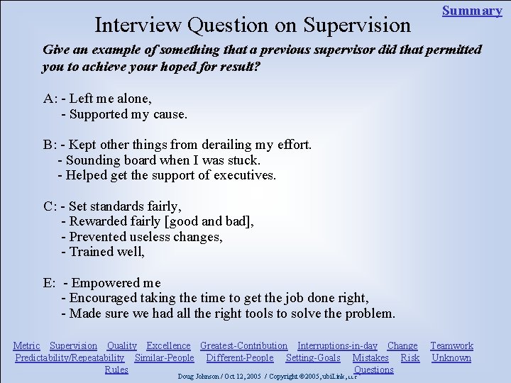 Interview Question on Supervision Summary Give an example of something that a previous supervisor