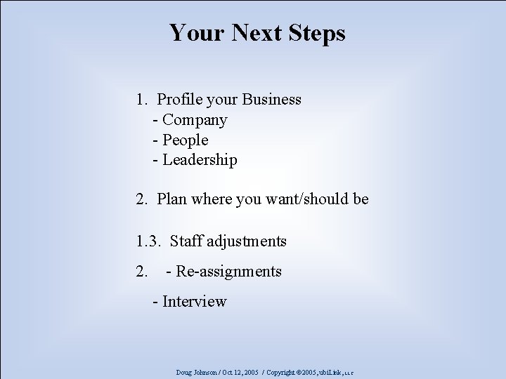 Your Next Steps 1. Profile your Business - Company - People - Leadership 2.