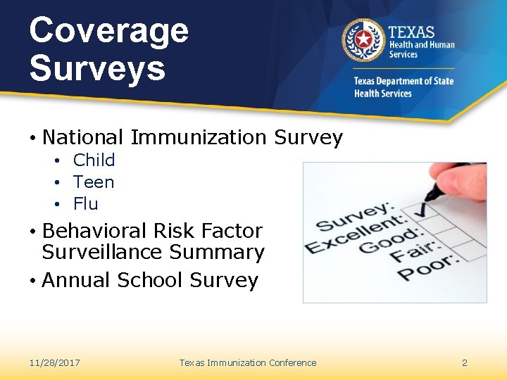 Coverage Surveys • National Immunization Survey • Child • Teen • Flu • Behavioral