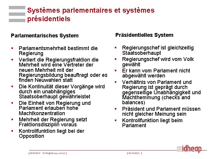Systèmes parlementaires et systèmes présidentiels Parlamentarisches System Präsidentielles System § § § § Parlamentsmehrheit