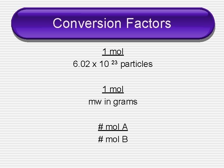 Conversion Factors 1 mol 6. 02 x 10 23 particles 1 mol mw in