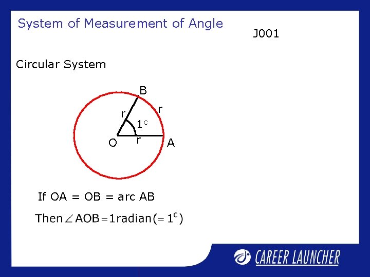 System of Measurement of Angle Circular System B r O r 1 c r