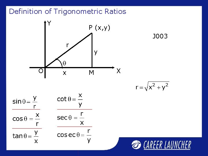 Definition of Trigonometric Ratios Y P (x, y) J 003 r y O x