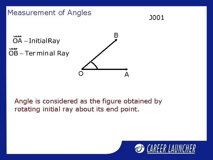Measurement of Angles J 001 B O A Angle is considered as the figure