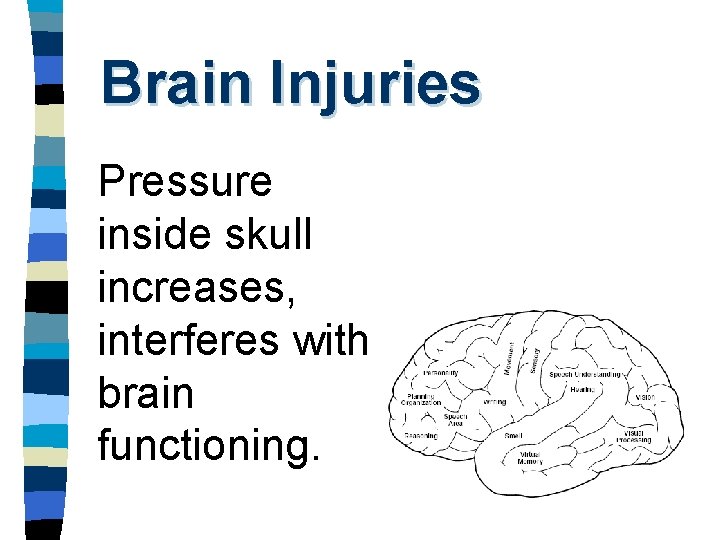 Brain Injuries Pressure inside skull increases, interferes with brain functioning. 