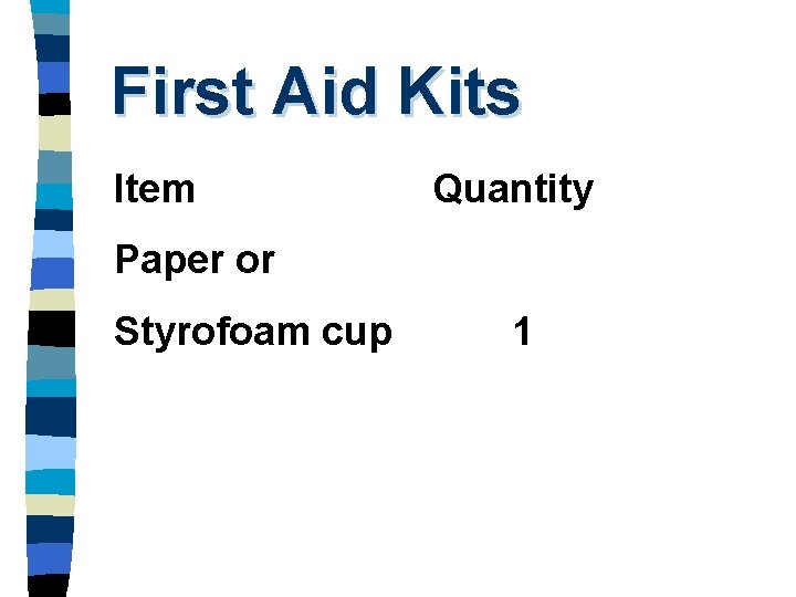 First Aid Kits Item Quantity Paper or Styrofoam cup 1 