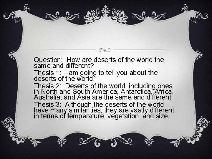 Question: How are deserts of the world the same and different? Thesis 1: I
